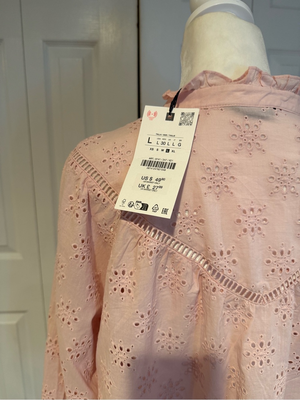 Zara, NWT Soft Pink Eyelet Embroidered Blouse Romantic Cottagecore, Size Large - Picture 8 of 13